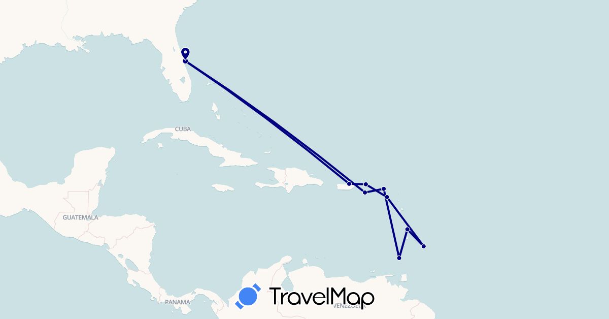TravelMap itinerary: driving in Barbados, France, Grenada, Saint Kitts and Nevis, Netherlands, United States, British Virgin Islands (Europe, North America)